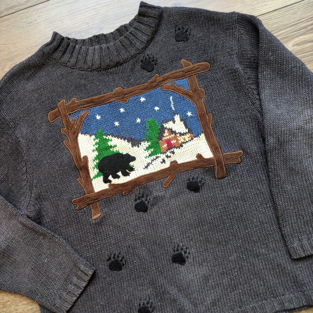 Vtg 90s Timberlea Forest Snow Cabin Knit Sweater Winter Cotton Ramie Bear XL